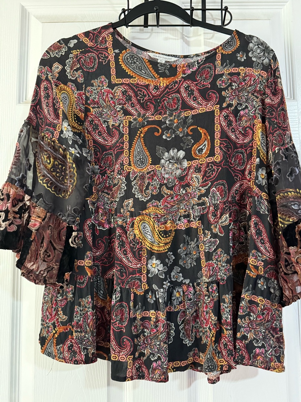 John Mark Large Paisley Blouse Tiered Velvet Burnout Sleeve Top Boho Petite